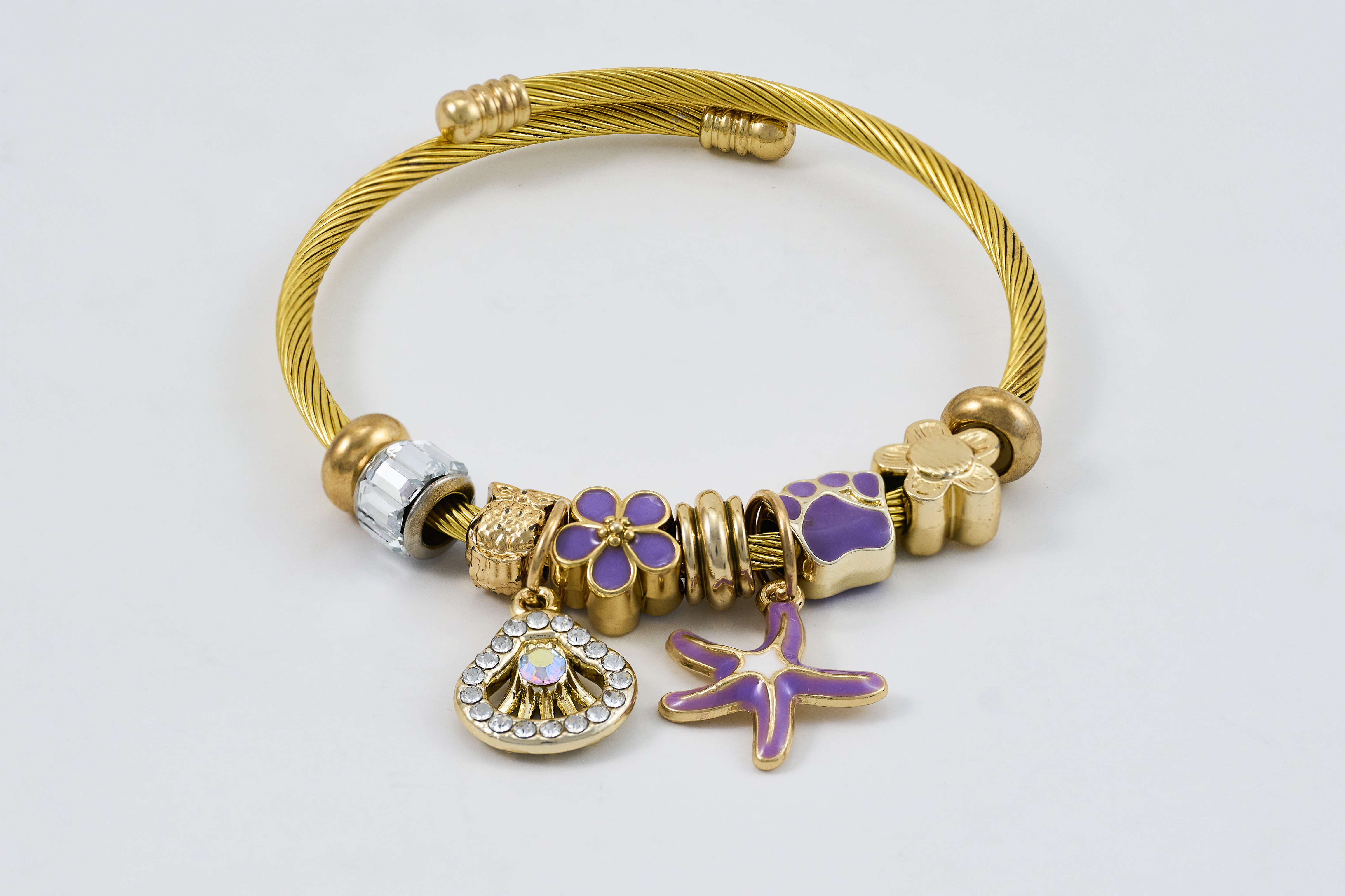 Gouden bangle met kleurrijk gevlochten koord en sluiting